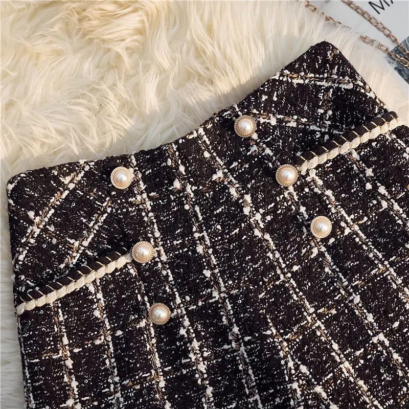 Xiaoxiangfeng Shorts Women's Autumn and Winter New Fashion High Waisted Zipper Plaid Button Pockets Woolen A-line Wide Leg Pants