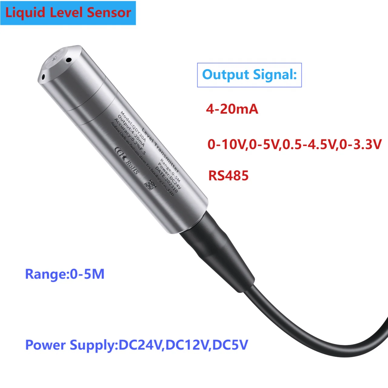 Liquid Level Sensor 4-20mA 0-10V 0-3.3V Output Hydrostatic Liquid Level Transmitter Water Pressure Level Sensor Probe 0-5M 10M 15M 20M