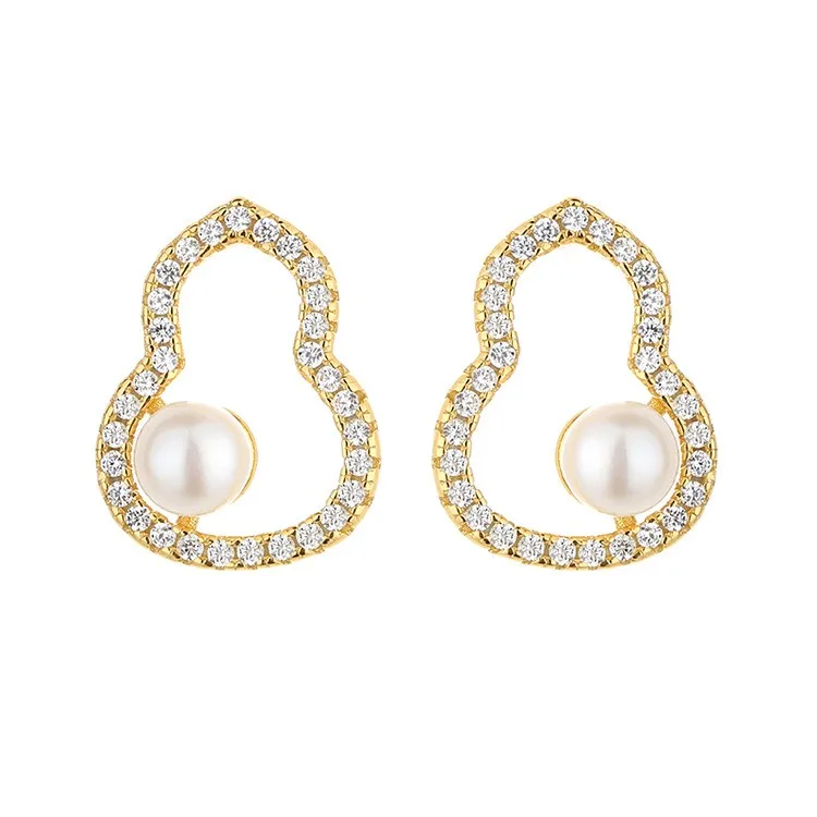 

EZ-16 ZFSILVER S925 Silver Korean Fashion Luxury Gold White Diamond-set Gourd Freshwater Pearl Earrings Jewelry Women Match-all