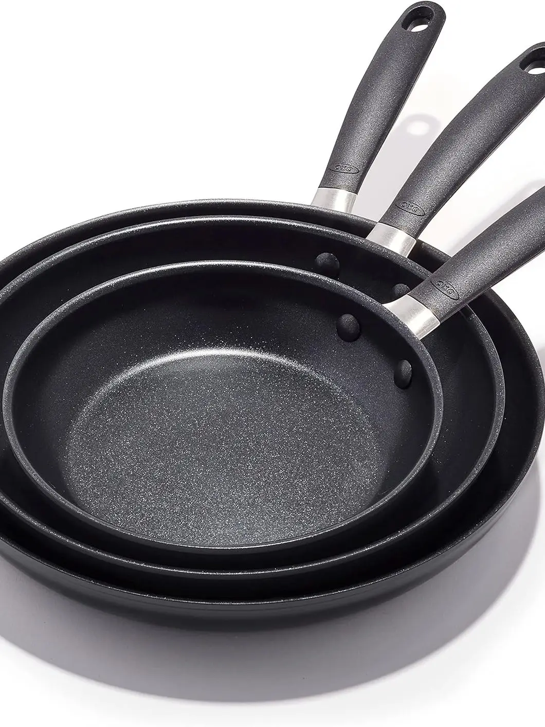 

OXO Good Grips 8" 10" and 12" Frying Pan Skillet Set, 3-Layered German Engineered Nonstick Coating, Stainless Steel Handle with