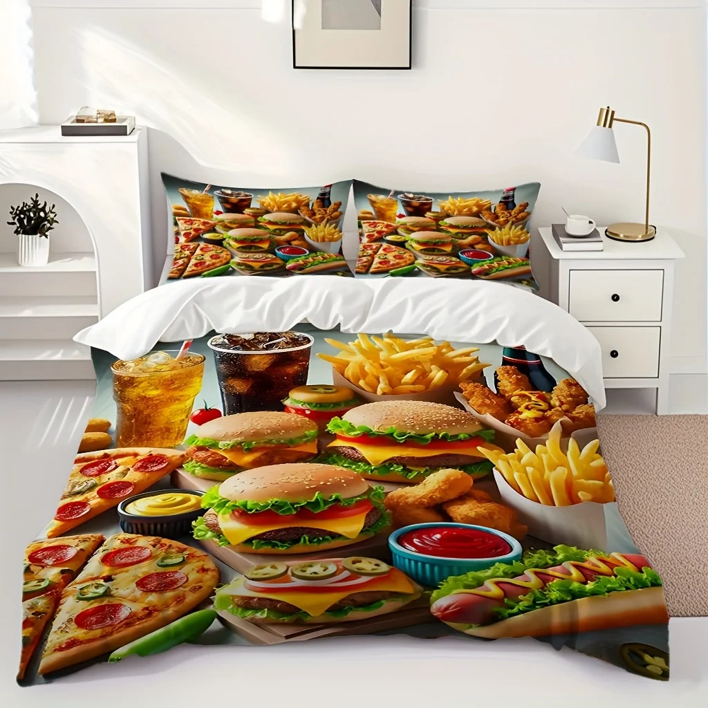 3pcs Bedding Set with Hamburger And Fried Chicken Fast Food Pattern Print, Including a Quilt Cover And Two Pillowcases