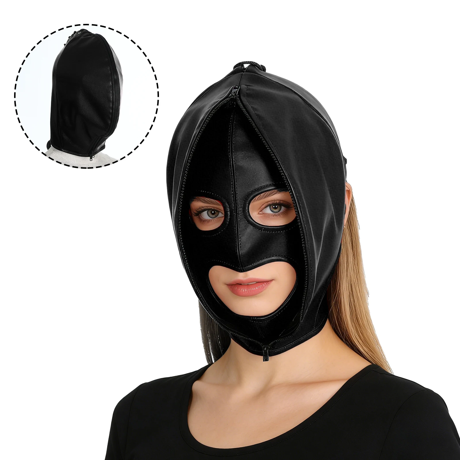 Maschera in Pelle Integrale per Uomo e Donna, Accessorio per Feste e Cosplay, Cappuccio con Doppia Cerniera, Maschera per Halloween e Giochi di Ruolo - immagine 5