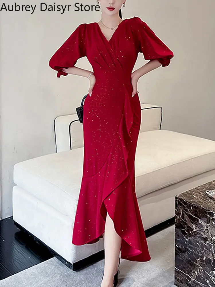 Elegant Midi Red Mermaid Dress Women Autumn Korean Sexy V