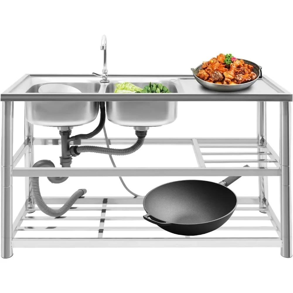 Commercial Stainless Steel Sink Freestanding Utility Sink with Faucet Kitchen Sinks Freestanding with Cabinet Double Bowl 3