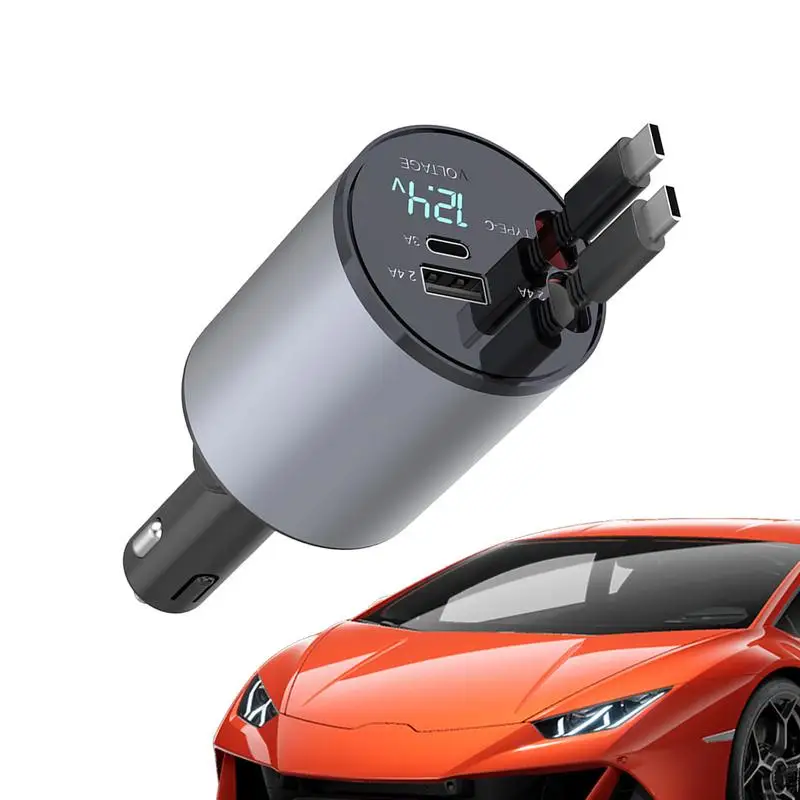 

12-24V 100W Fast Charging Car Charger with Dual Retractable Cable Dual Ports Auto Charger Adapter for Cars Supplies