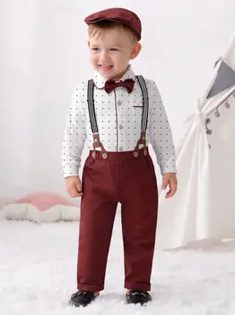 Baby Boy Clothes Infant Boy Gentleman Outfits Suit,Dress Shirt + Suspender Pants + Bowtie + Beret Hat Wedding 1