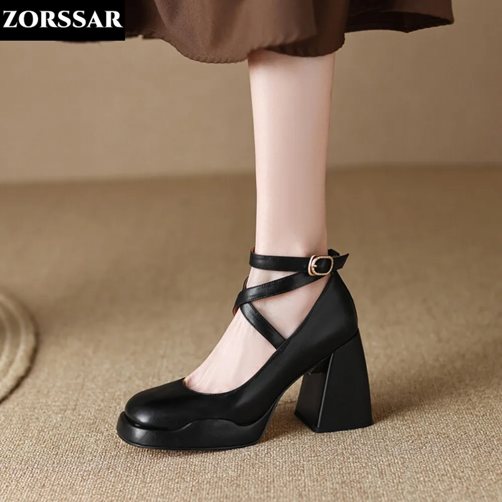 

2024 Spring Thick Heels Platform Mary Janes Women Sweet Lovely Ankle Strap Lolita Shoes Woman Patent Leather High Heels Pumps