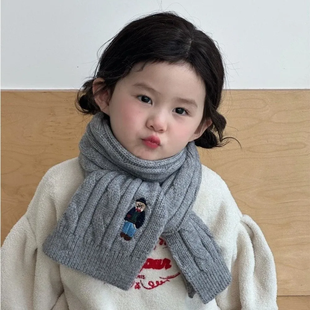 Fashionable Thicken Children's Knitted Scarf Solid Color Keep Warm Infant Neckwarmers Bear Embroidery Children's Winter Scarf
