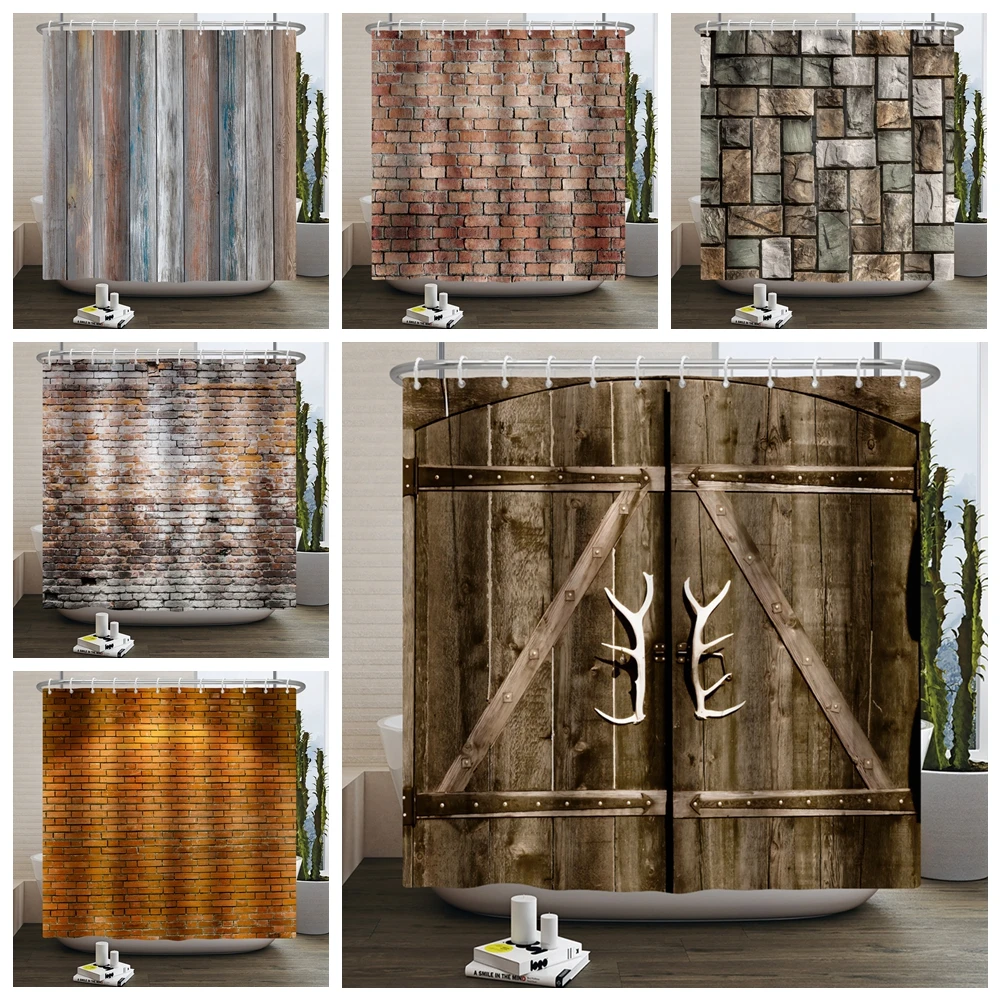 Brick Wall 3D Printing Wooden Door Shower Curtain Vintage Brown Bathtub Waterproof Partition Bathroom with Hooks Partition Decor