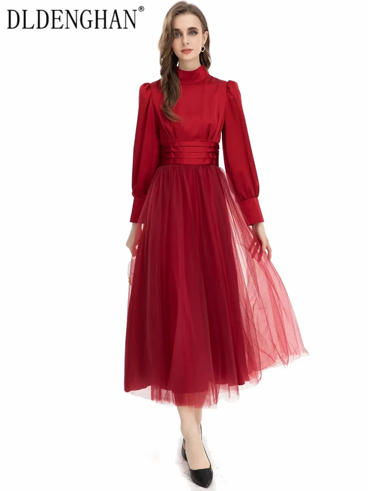 

DLDENGHAN, осеннее платье, женское платье с воротником-стойкой, рукавами-фонариками, Сетчатое лоскутное однотонное винтажное вечернее длинное платье, модное дизайнерское Новое