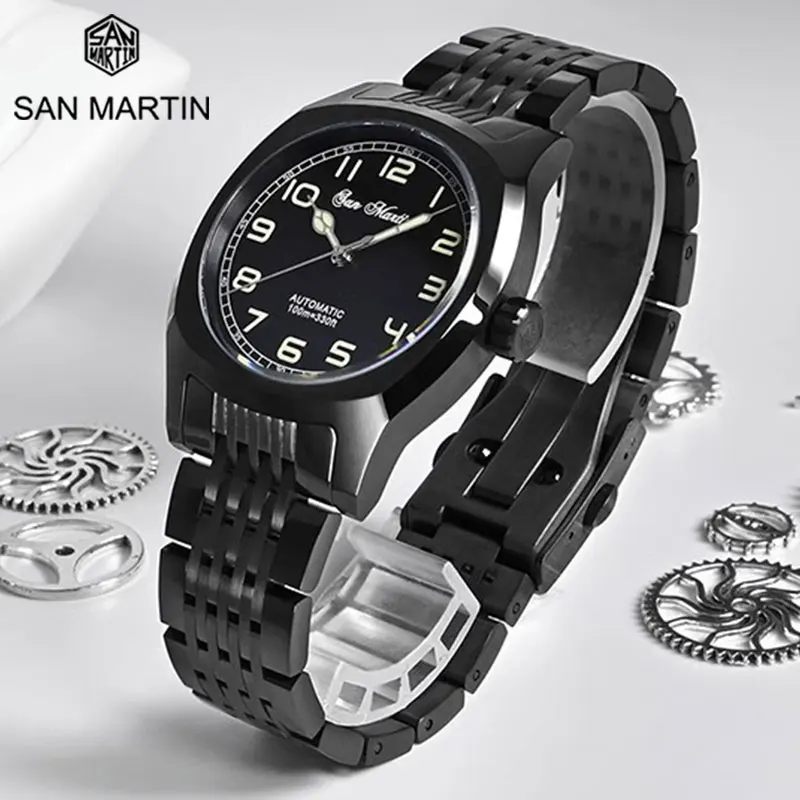 

San Martin Vintage Men's Sports Diver Wristwatch DLC Plating Black Case Sapphire Glass PT5000 Mechanical Watch 10Bar Waterproof