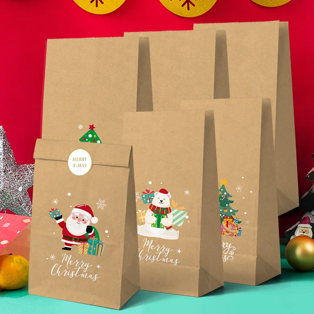 Christmas Gift Bag Holiday Party Candy Paper Bag Cookie Snack Gift Packaging Cheerful Snowman Elk Printed Pouch 12pcs