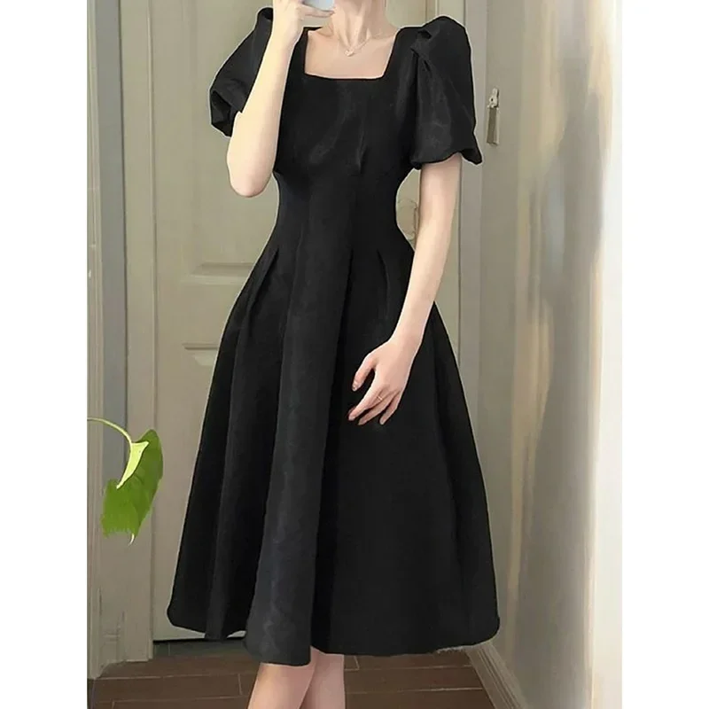 Korean Solid Puff Sleeve Dress Women White Elegant Slim Fashion Pretty Style Skirt Square Sweet Black Drape Female Clothes