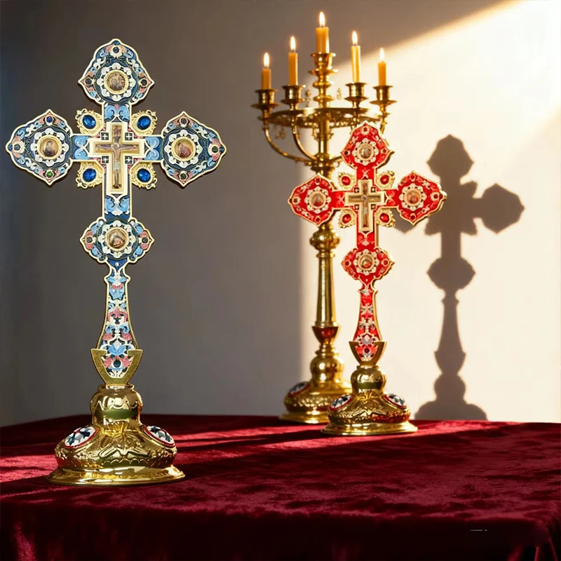 Luxuriöses Orthodoxes Christliches Geschenk: Vergoldetes Grünes Cloisonné Stehendes Kreuz, Kirchenqualität Altar-Kruzifix für Spirituelle Heimdekoration – Detail 5