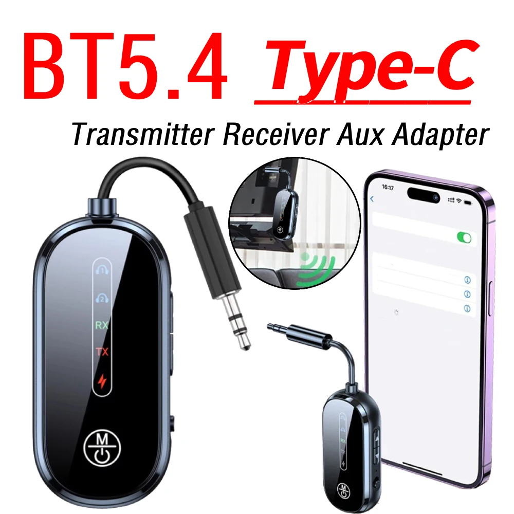 BT 5.4 송수신기 Aux 어댑터 Type-C 충전 저지연 듀얼 링크 비행기용 어댑터 (헤드폰/TV/자동차/PC용)