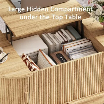 Lift Top Coffee Table with StorageOval Wood Coffee Table with Sliding Doors Hidden Compartment Fluted Center Table for Home Liv 4