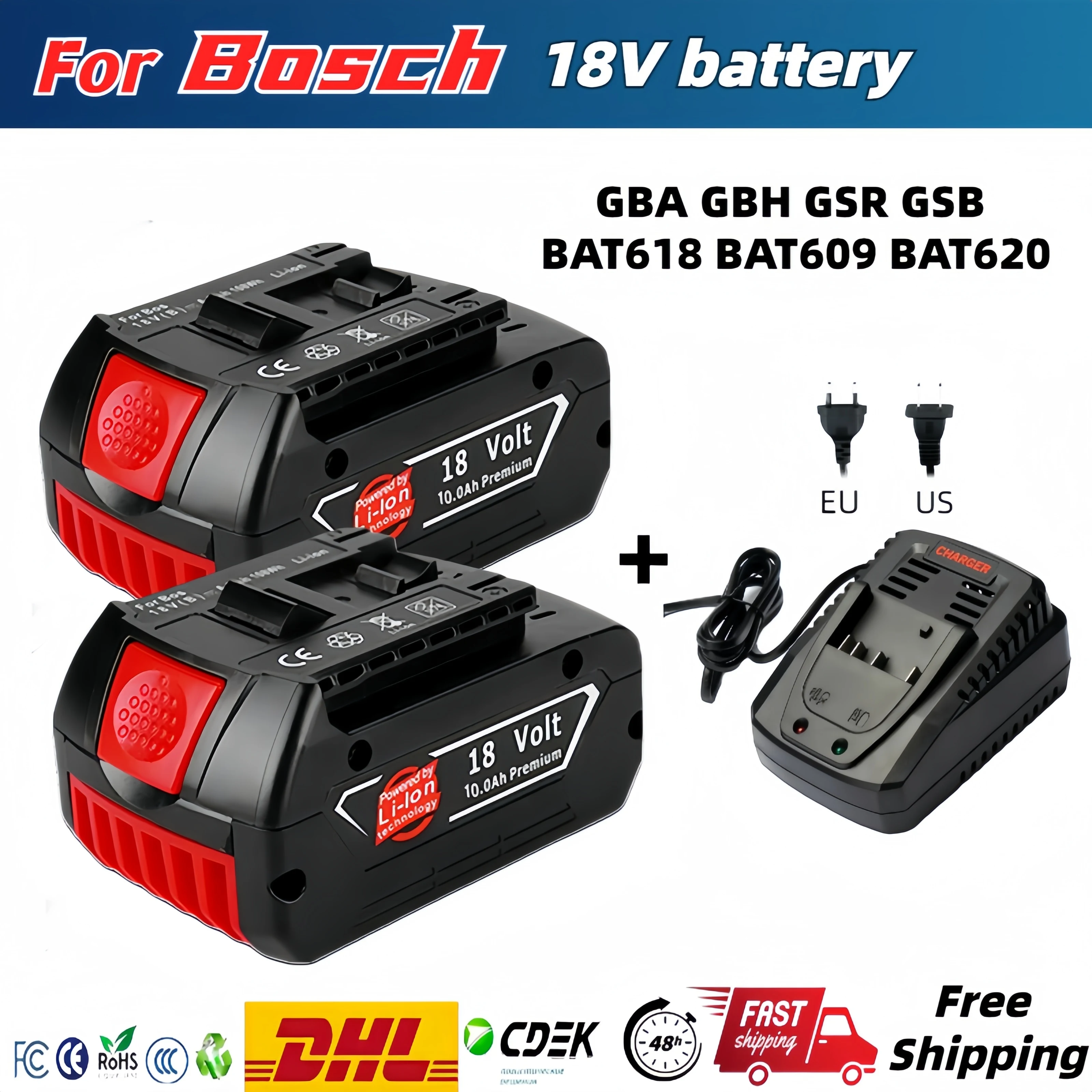 Bat610G + Al1820Cv Per Bosch Professional 18V 10.0Ah Sostituzione Batteria Agli Ioni Di Litio Con Led E Per Caricabatterie Rapido Bosch 14.4V-18V