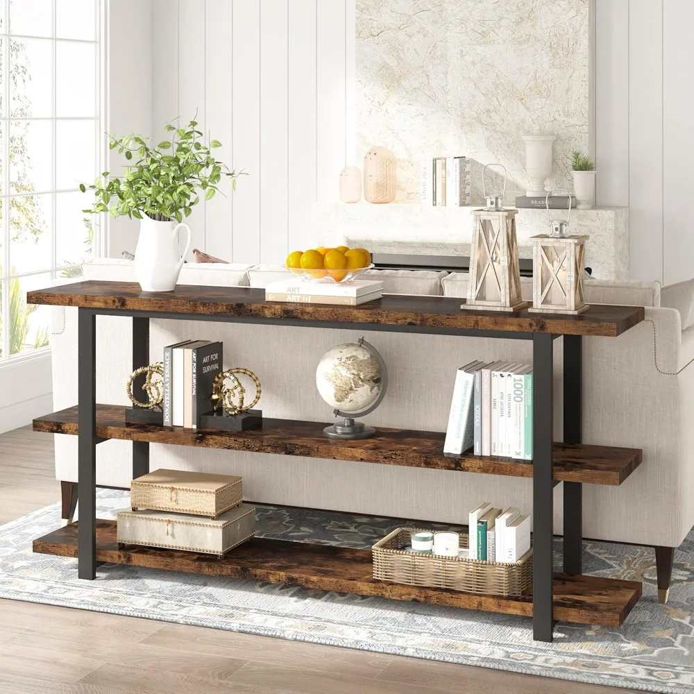Extra Long Console Table with 3 Tier Storage Shelves for Entryway, Hallway, Living Room