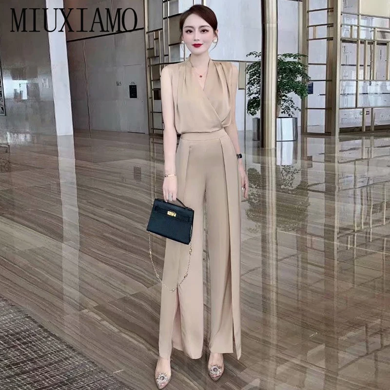 

MIUXIMAO 2022 High Quality Spring&Summer Elegant Sets Sleeveless V-Neck Shirt +Solid Pan Fashion Two-piece Set Women Vestides