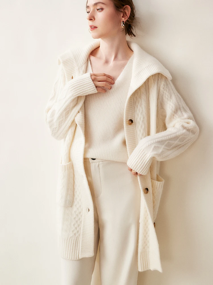 Luxury Women 100% Cashmere Sweater Long Cardigan Vintage