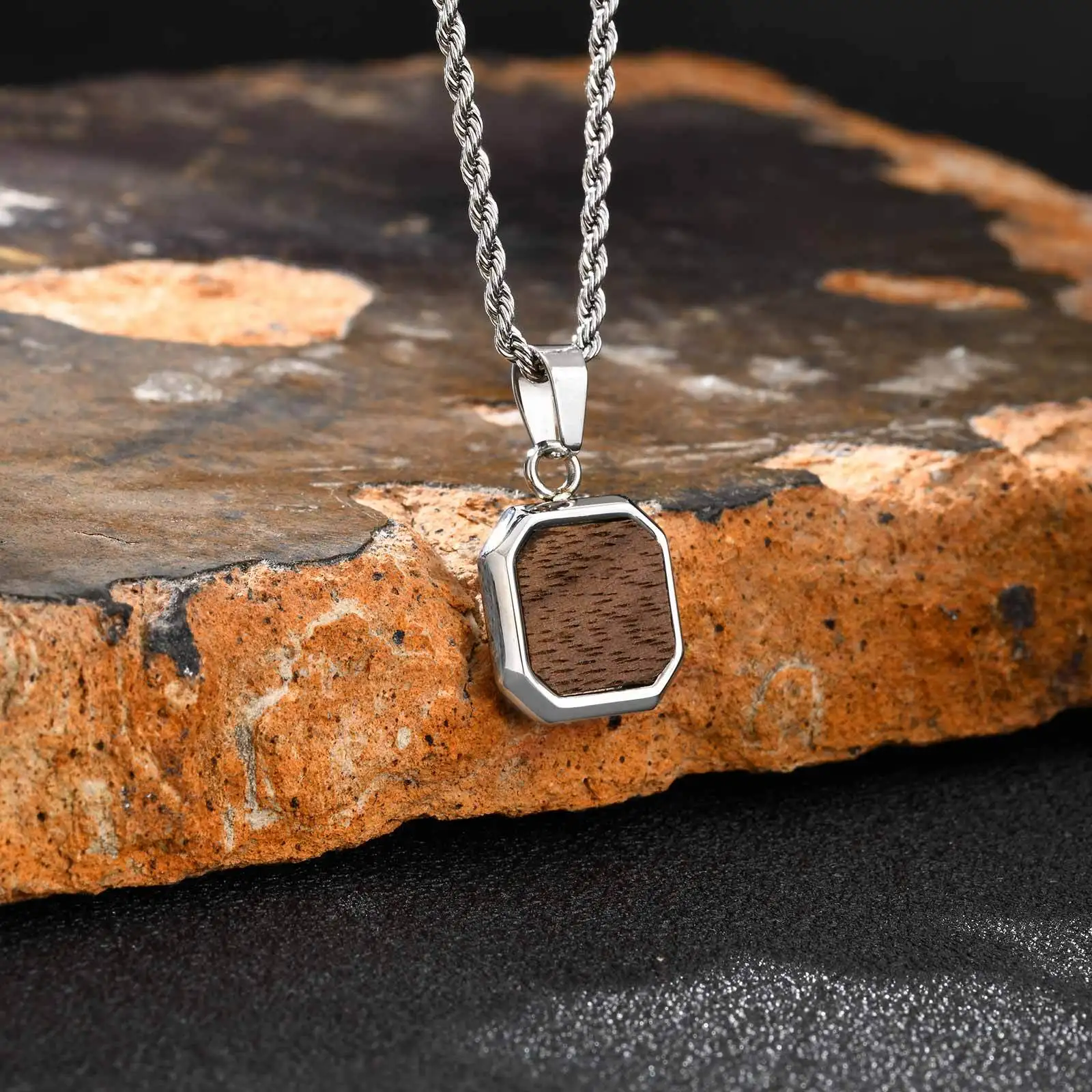 Minimalist Brown Square Pendant Necklace for Men,Wateproof Natural Wood Necklace with Twistd Chain,Vintage Jewelry Gift