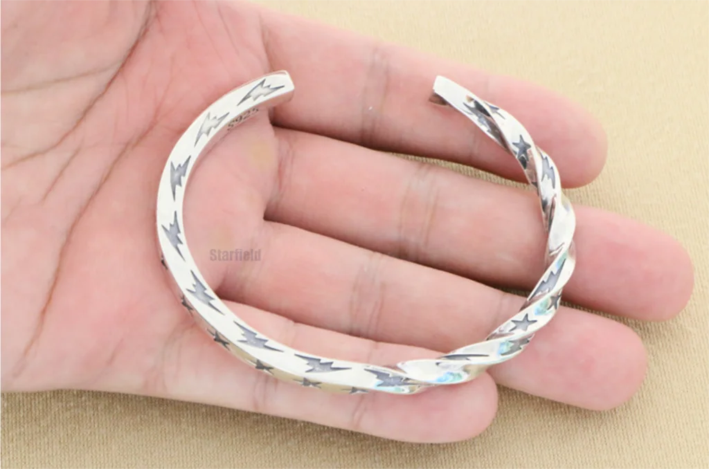 

new Five-pointed star asymmetrical lightning open adjustable men women bangle cuff bracelet guarantee100% S925 Sterling Silver