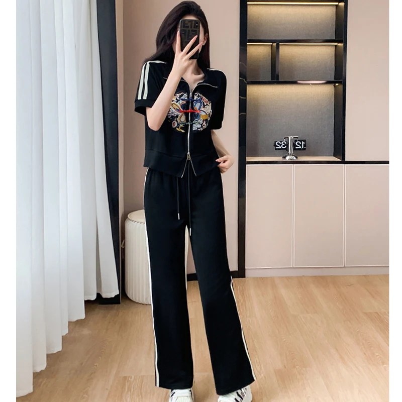 

Летний хлопковый комплект из двух предметов для женщин, китайский кардиган с вышивкой, топы и брюки, женские облегающие черные спортивные костюмы большого размера