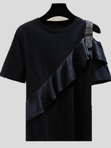 Diamond Top Summer Loose Stitching Ruffled Sleeve T Shirts Women Solid Color Short-sleeved T-shirt