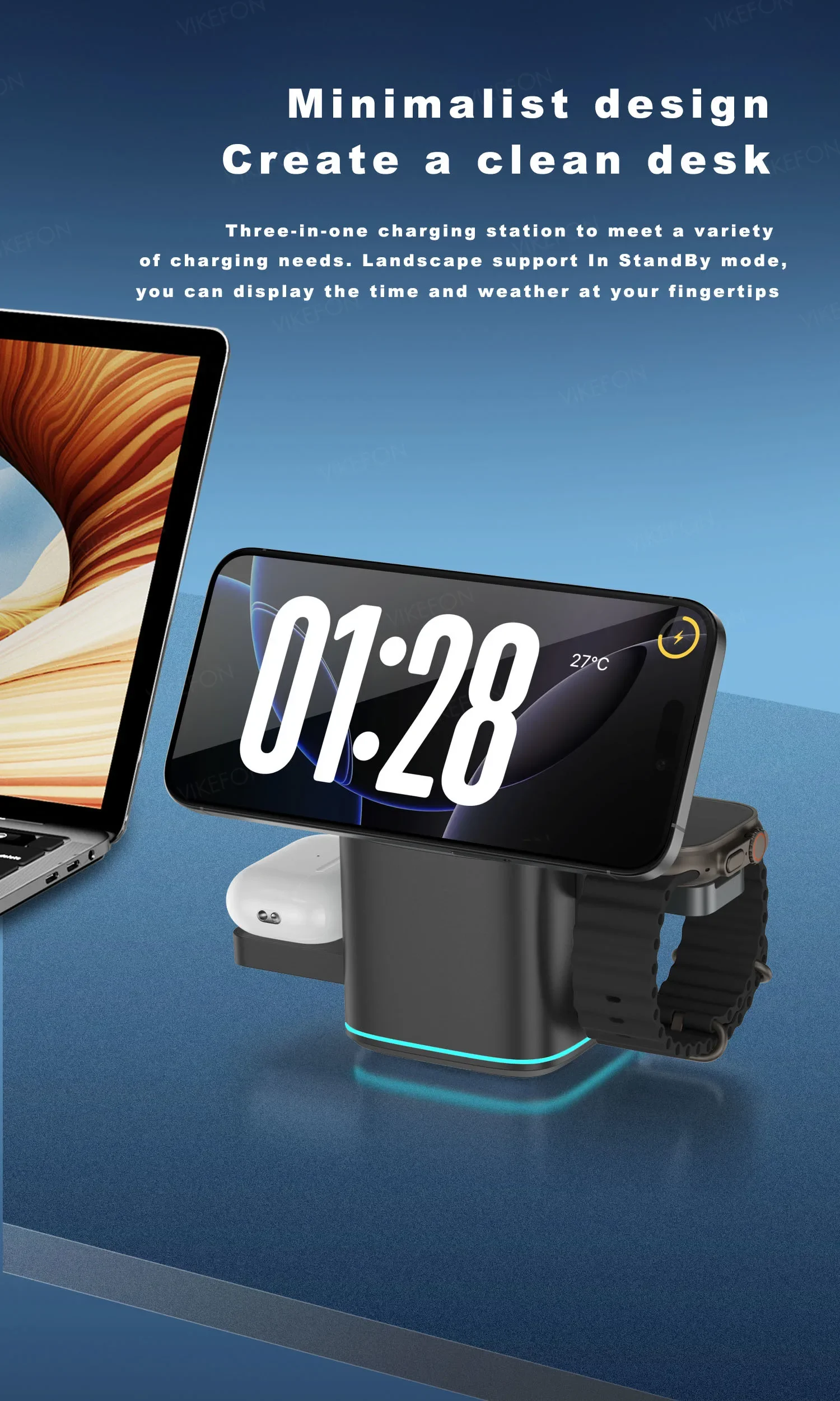 3-in-1 Electric Rotation Magnetic Wireless Charger With LED Breathing Light For Mag Safe IPhone 16 15 14 13 12 IPhone Watch Pro_voghion.com