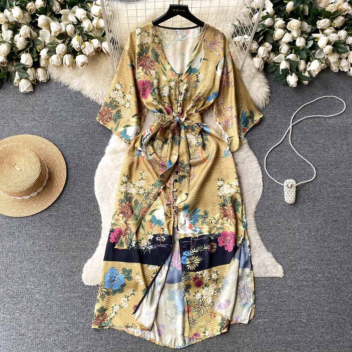 

Croysier Spring Summer Dress Women V Neck Half Sleeve Midi Dresses With Belt Button Up Front Slit Vintage Floral Print Dress