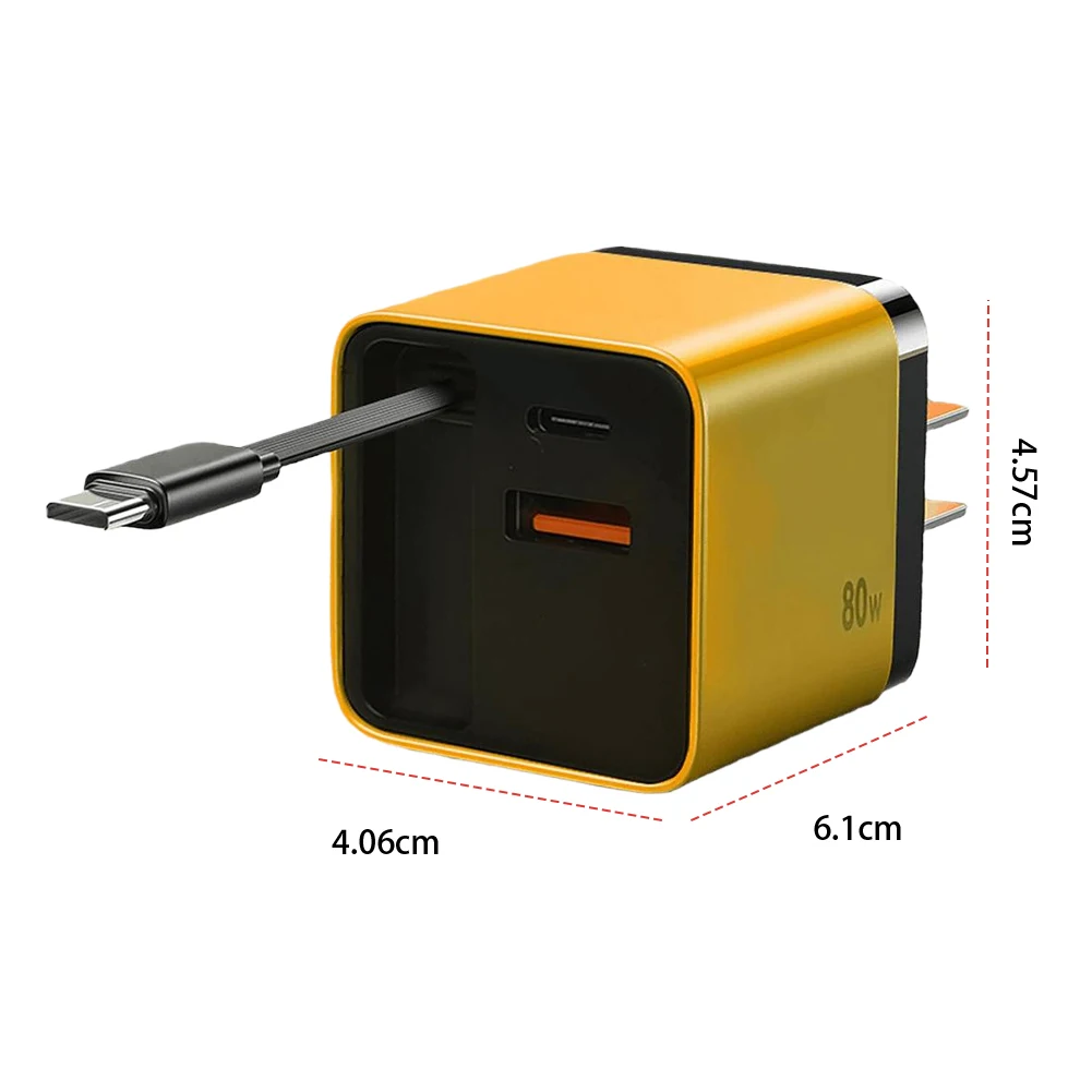 3 In 1 80W GaN Fast Charger 80cm Retractable Type-C Cable USB Phone Charger Foldable US Plug Wall Charger For Cellphones Laptops