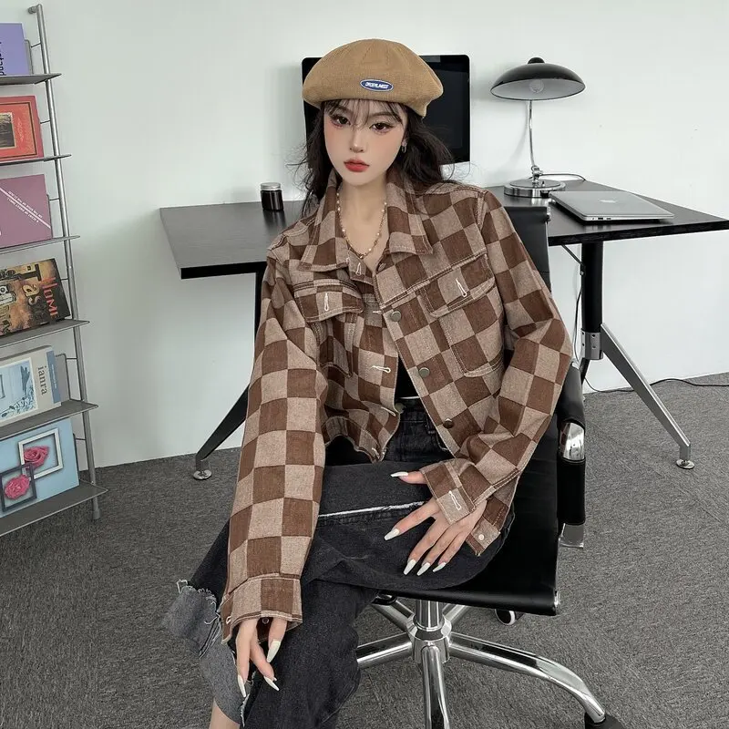 ZOUXO Women Jacket 2023 Spring Autumn Vintage Plaid Denim Jacket Versatile Loose Short Coat