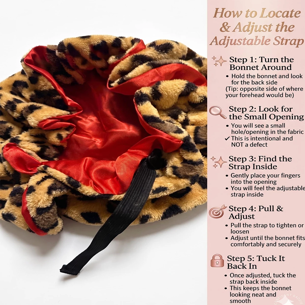 Cuffia per Capelli in Peluche con Stampa Leopardata e Grande Fiocco, Morbida e Soffice, Foderata in Raso, per Dormire, con Orecchie da Orso Regolabili - immagine 3