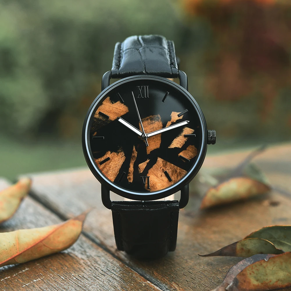BOBO BIRD Green Leather Wood Watch with Japan Quartz Movement – Stylish Customizable Gift
