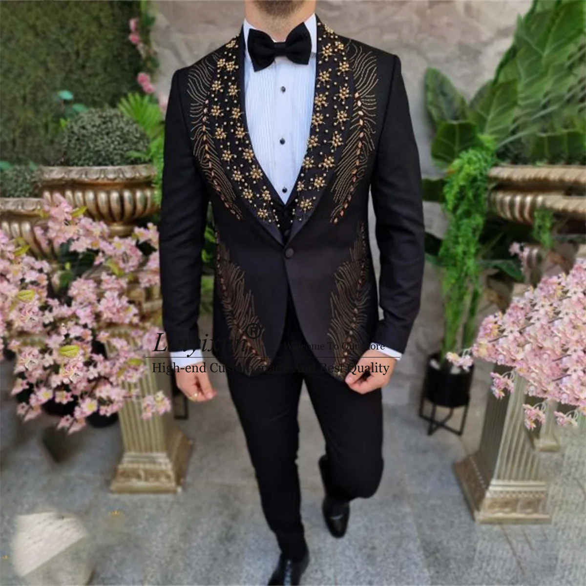 

Luxury Beaded Crystals Tuxedos Men Suits 3 Pieces Sets Groom Party Blazers Slim Male Wedding Tuxedos Slim Fit Prom Costume Homme