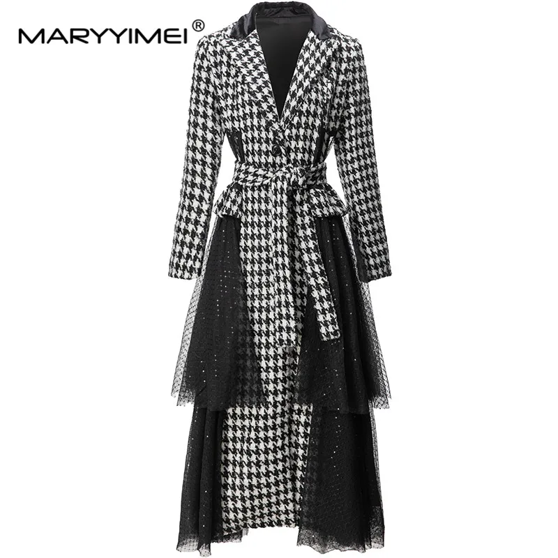 

Модная дизайнерская Осенняя верхняя одежда MARYYIMEI, женское Сетчатое лоскутное пальто в клетку с блестками и отложным воротником, длинными рукавами и поясом