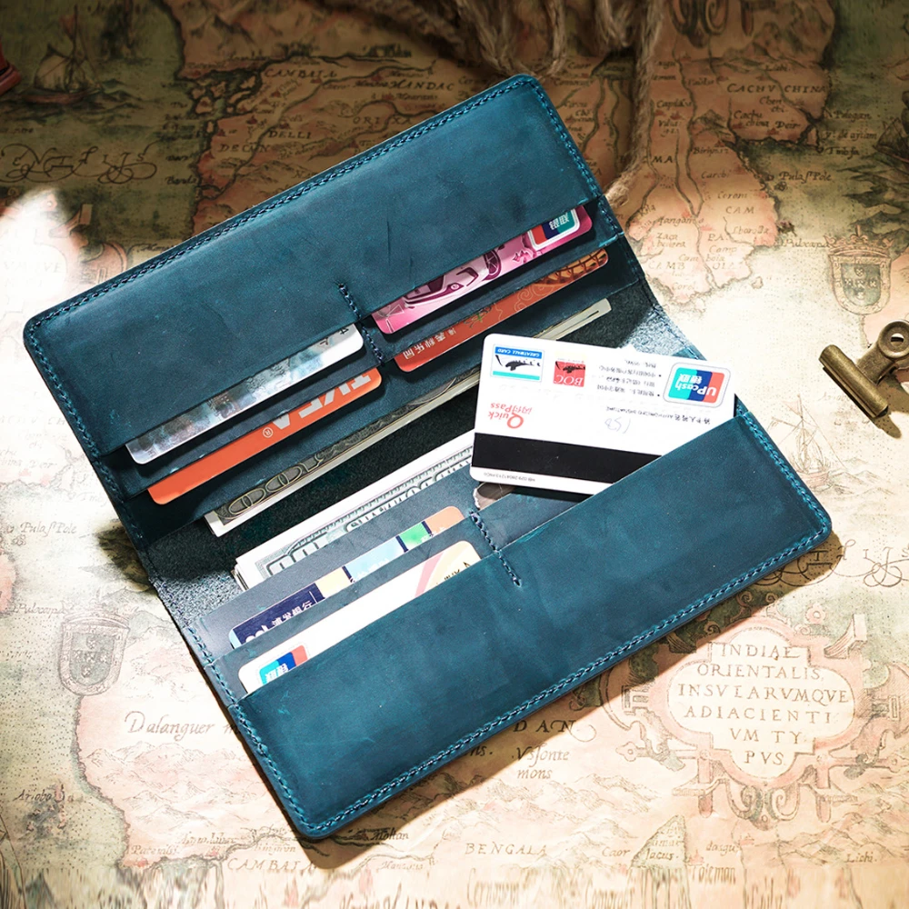 Handmade Retro Crazy Horse Cowhide Wallet Genuine Leather Men's Handheld Long Wallet