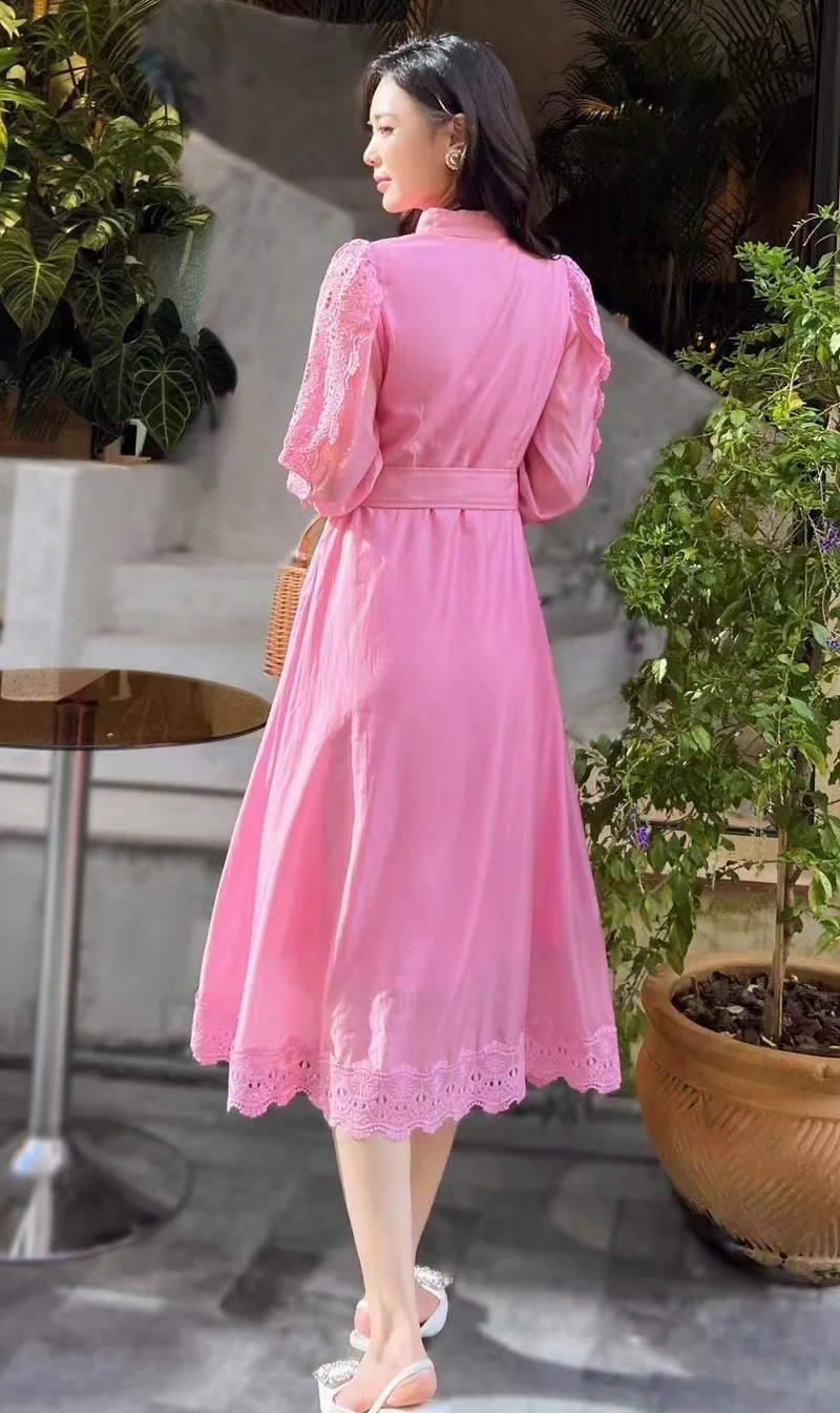 Top Quality New 2024 Spring Dress Women Lace Embroidery Belt Deco 