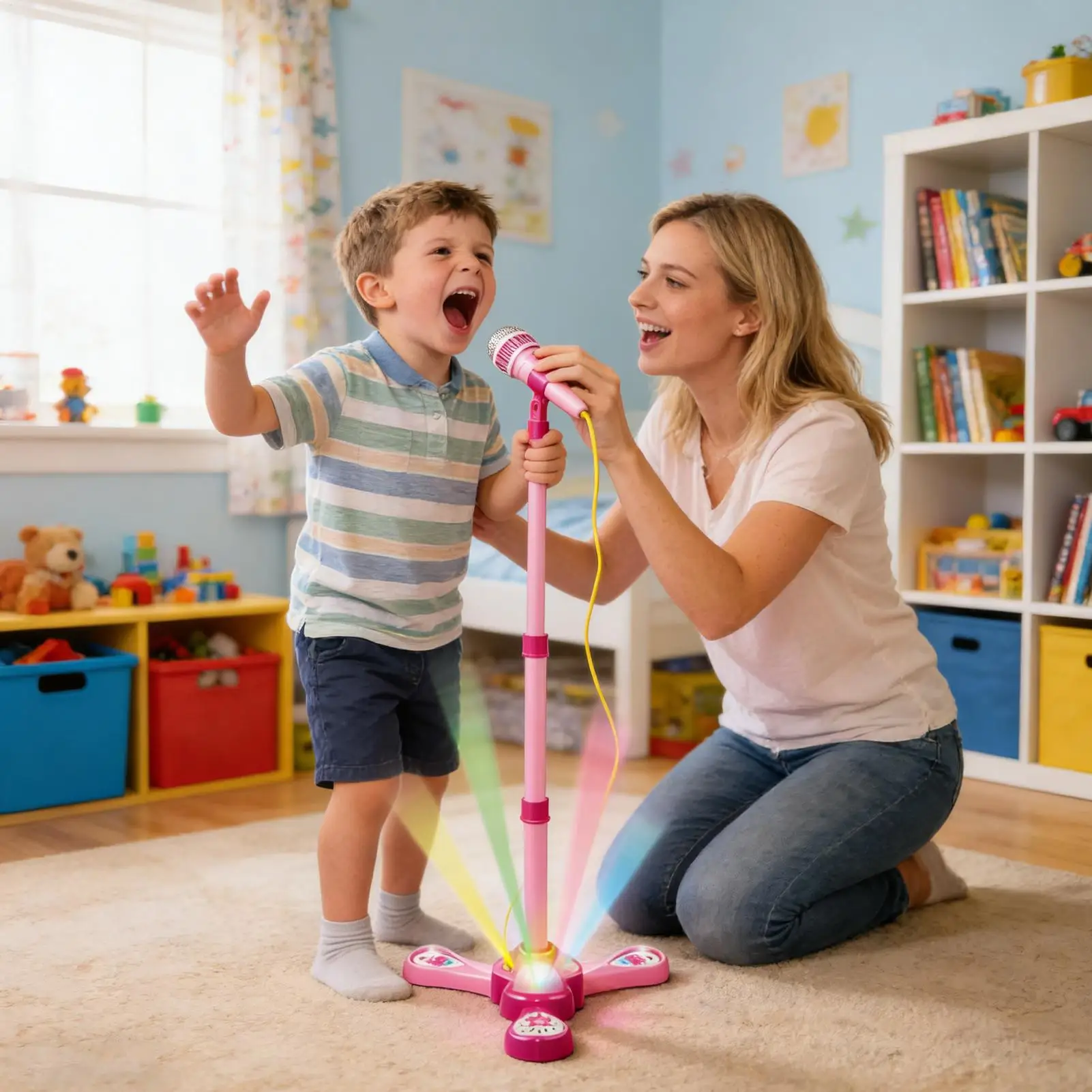 어린이를 위한 에코 마이크, 빛과 함께하는 인터랙티브 컬러풀 음악 노래 장난감, 카라오케 마이크 장난감, 소년 소녀를 위한 재미있는 용품