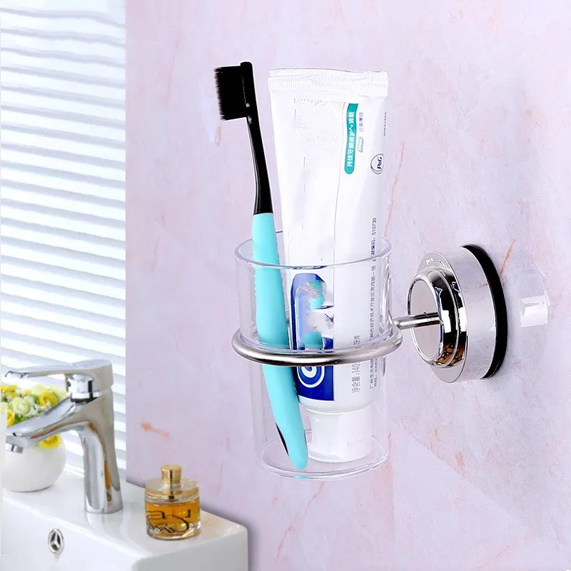 Stainless Steel Bathroom Cup Holder Wall Mounted Sucker Storage Shelf Toothbrush Toothpaste Cups Rack for Bathroom Accessories