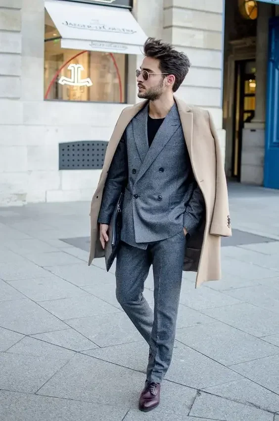 

Grey Double Breasted Tweed Men Suit Smart Casual Jacket Custom High Street Slim Fit 2 Piece Tuxedo Blazer Sets Terno Masculino