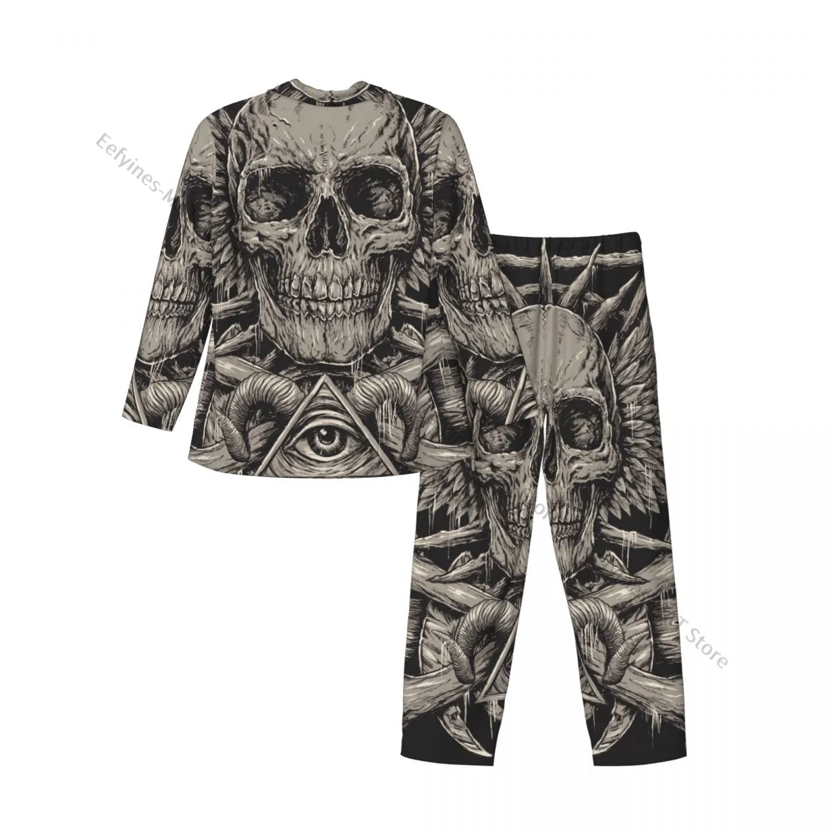 Mens Pajamas Sets Home Suits Heavy Metal Inspired Skull Sleepwear Loose Homewear Long-sleeved Casual Sets