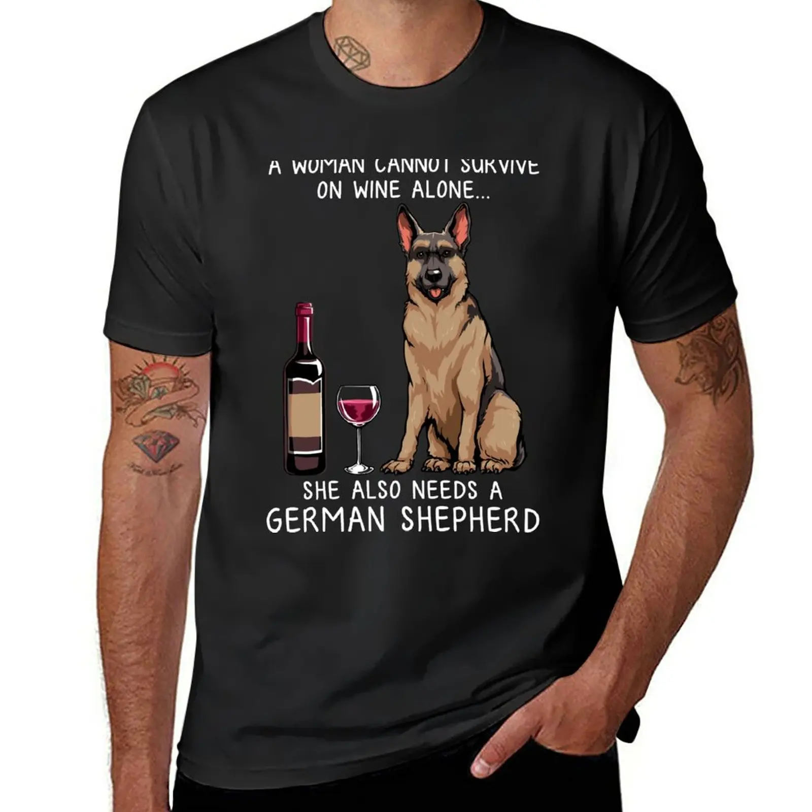 

German Shepherd and wine Funny Dog T-Shirt summer tops new edition plain mens clothing