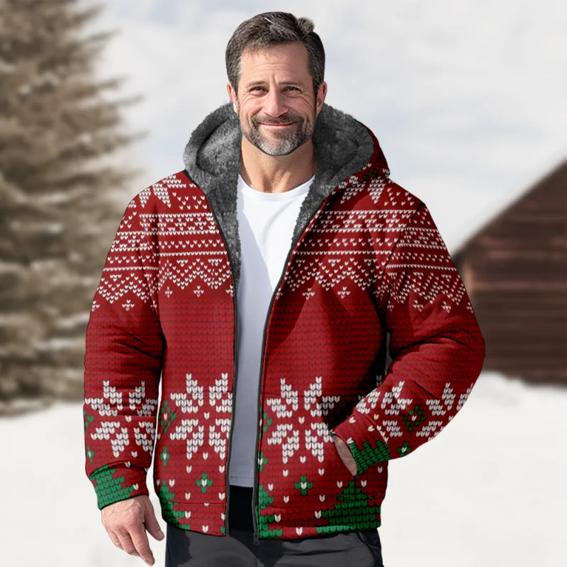 Christmas Creative Cotton Coat Hooded Sweater Casual Print Men's Fur Loop Arctic Velvet Zipper Patch Pocket Hooded Sweater
