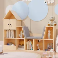 56.9" Wooden Kids Bookshelf with Reading Nook, Kids Bookcase with Detachable Cushions,Toy Storage Organizer with 9 Cubes 1