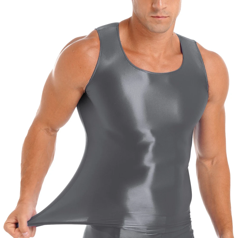 

Mens Oily Glossy Tank Top High Waist Shorts Sets Shiny Sports Tights Swimwear Sleeveless Vest Boxers Stretch Two-piece Suit