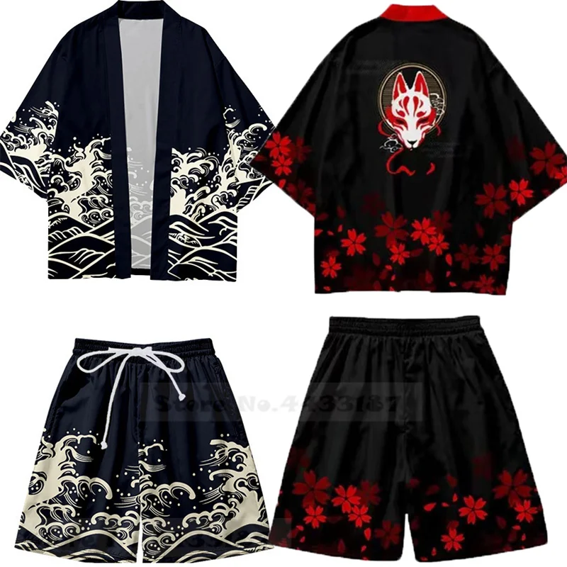 Japanese Kimono Plus Size 5XL Japanese Kimono Cardigan Shorts Set Print Tradition Yukata Haori Cosplay Costume