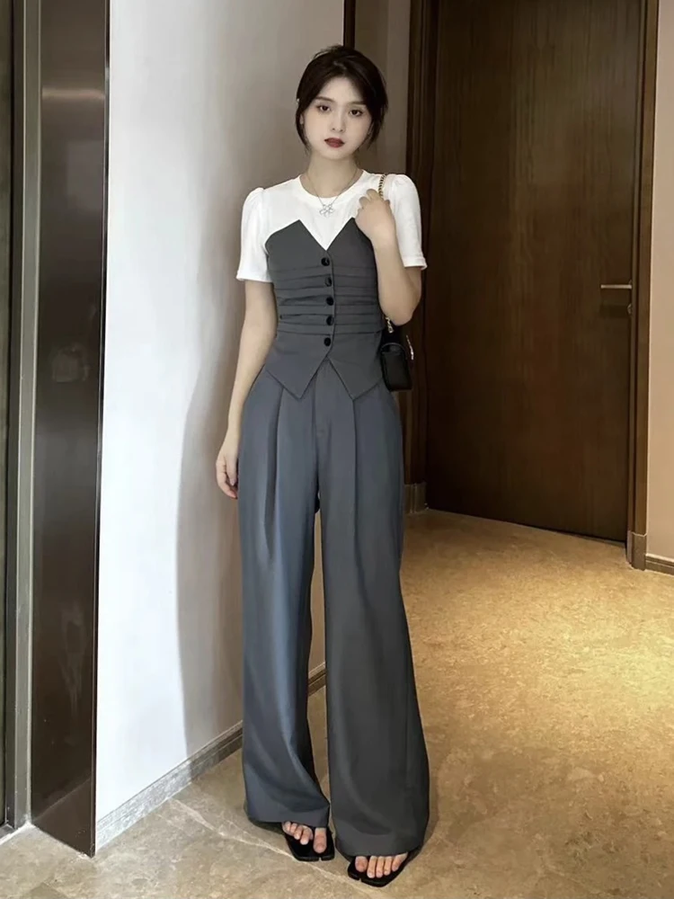 

Office Ladies New Summer Trousers Suit Fashion Women O Neck Patchwork Slim Shirt + Wide-Legged Pants Two Piece Set