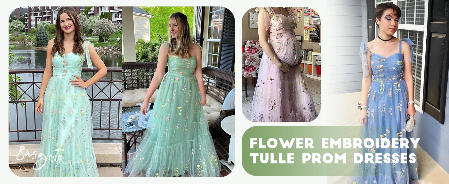 Flower Embroidery Tulle Prom Dress Long Spaghetti Strap Fairy Ruched Formal Evening Party Gown