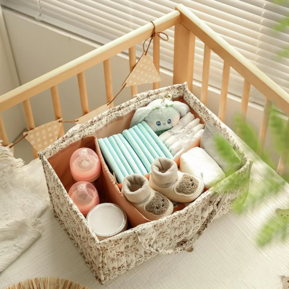 Organizer per Pannolini con Divisori, Cesto Portatile Trapuntato Floreale per la Cameretta, Regalo per Neonati Maschi e Femmine - immagine 5